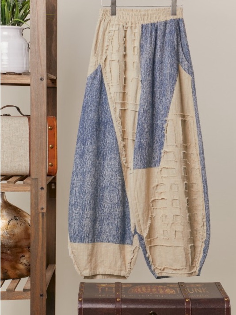 Boho Two-Tone Patchwork Harem Pants - Cream & Denim Blue